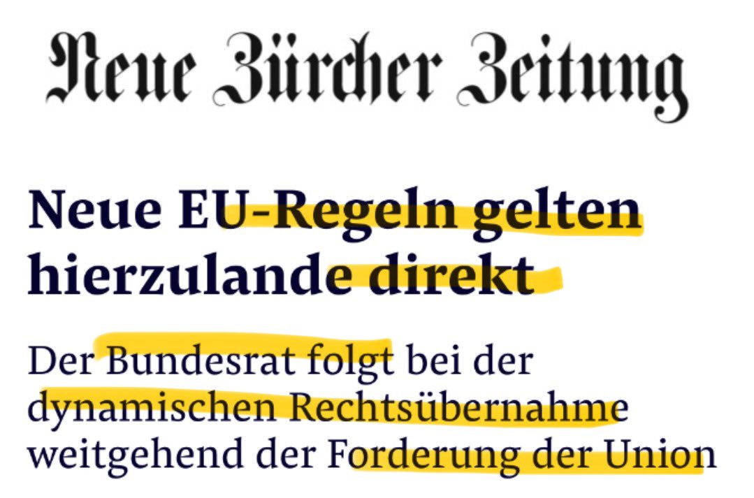 Unglaublich😳 Klartext heute in der NZZ zum EU-Deal: "Die in Brüssel beschlossenen Rechtsakte werden unmittelbar Teil des🇨🇭Rechts." Bei der Pflicht, für immer &amp; laufend EU-Recht zu übernehmen, hat sich🇨🇭"weitgehend dem Willen der EU gefügt". Was haben wir uns da eingebrockt?🤯