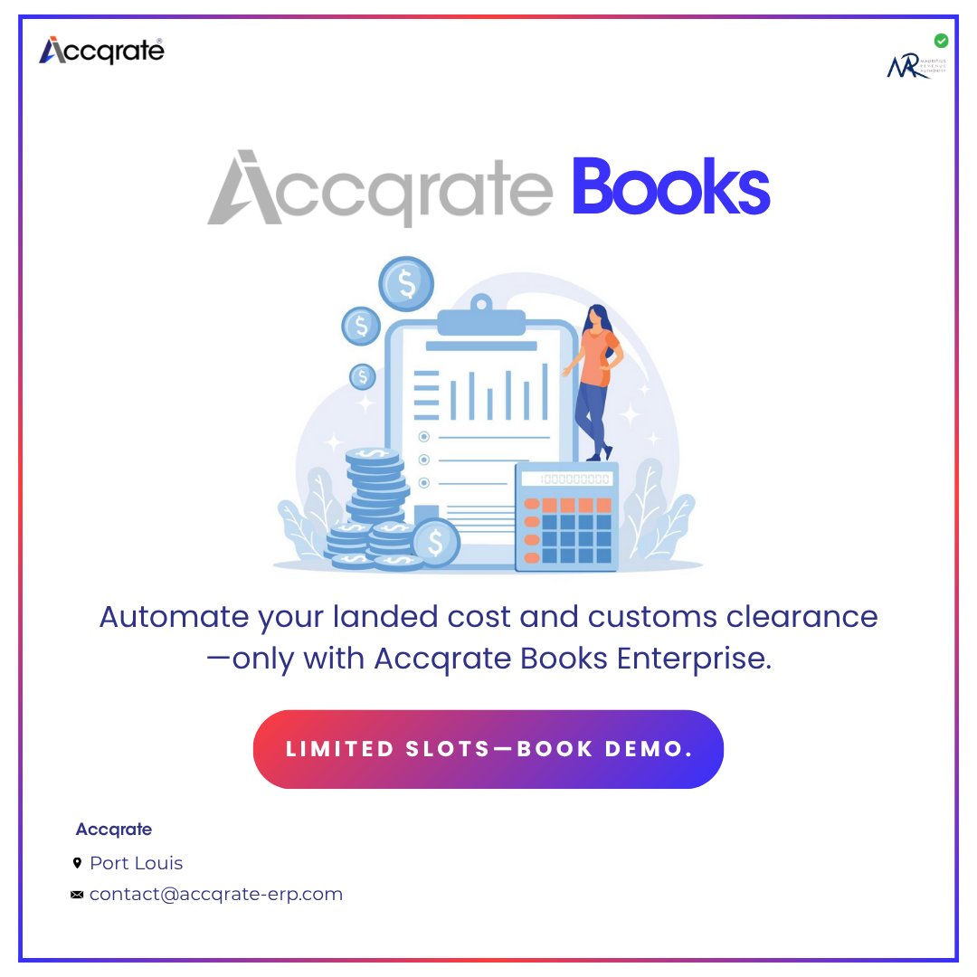 AccqrateM's tweet image. Streamline your customs and landed cost processes with #AccqrateBooks—automated customs clearance and real-time landed cost calculations, fully compliant with MRA regulations.

#MRA #CustomsAutomation #MauritiusBusiness #Accounting