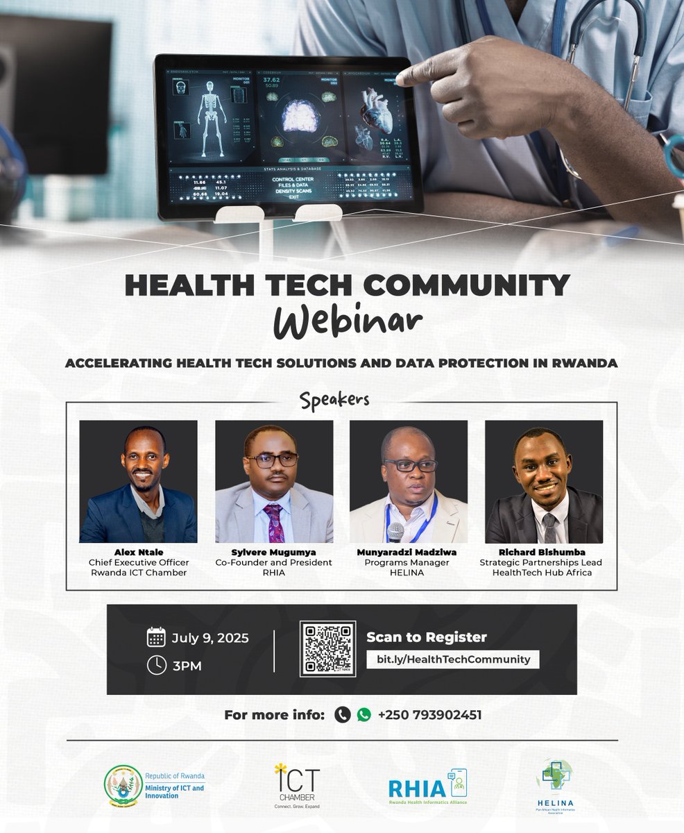 #VoicesofHealthInnovation
We’re excited to present the speakers for our upcoming Health Tech Community Webinar happening on: Wednesday | July 9, 2025 | 3PM (Kigali Time)

Meet: 
1. Alext Ntale - CEO/ Rwanda ICT Chamber 
2. Sylvere Mugumya - Co-Founder and President/ RHIA
3.