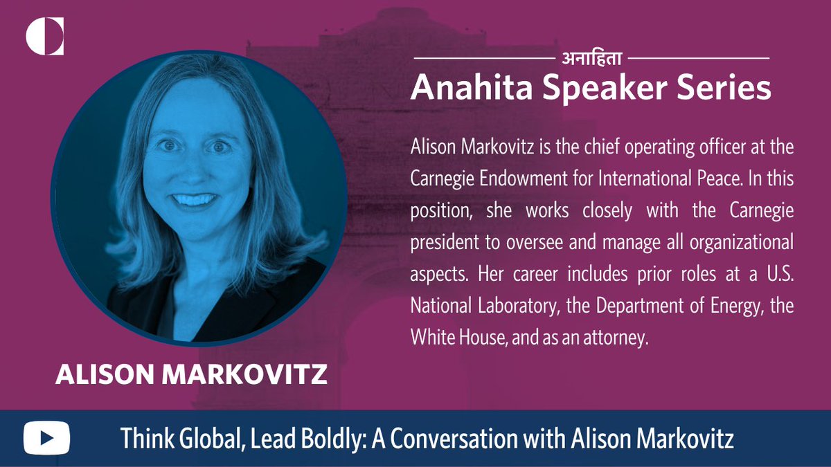 CarnegieIndia's tweet image. Speaker Spotlight | Think Global, Lead Boldly: A Conversation with Alison Markovitz
In this #AnahitaSpeakerSeries episode, we’re joined by @AlisonMarkovitz, chief operating officer at @CarnegieEndow. Reflecting on her journey across law, government, and global think tank, Alison…