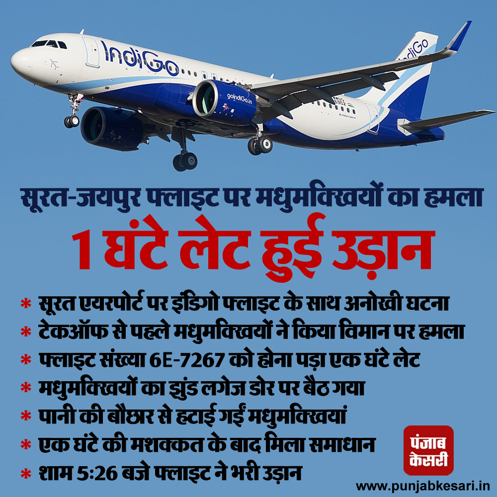 punjabkesari's tweet photo. सूरत-जयपुर फ्लाइट पर मधुमक्खियों का हमला, 1 घंटे लेट हुई उड़ान

#SuratInternationalAirport #Indigoflightdelayed #Beeswarmattacksaircraft #Flighttakeoffdisruption #Passengerschaos #Unexpectedflightdelay https://t.co/AE0PxFDBiX