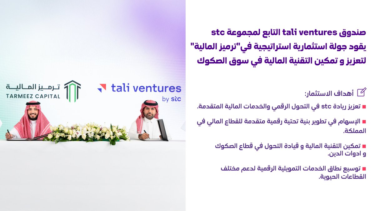 tali ventures by stc (@tali_bystc) on Twitter photo إيمانًا بأهمية قطاع التقنية المالية وسوق الصكوك، نعلن عن قيادتنا لجولة استثمارية في شركة <a href="/tarmeez_capital/">Tarmeez Capital | ترميز المالية</a> والذي يعكس التزامنا بدعم التحول الرقمي في المملكة إيمانًا بأهمية قطاع التقنية المالية وسوق الصكوك، نعلن عن قيادتنا لجولة استثمارية في شركة <a href="/tarmeez_capital/">Tarmeez Capital | ترميز المالية</a> والذي يعكس التزامنا بدعم التحول الرقمي في المملكة