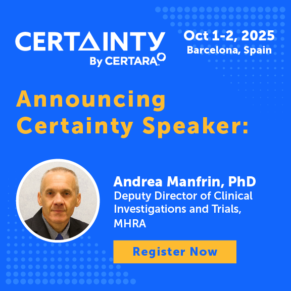 We’re excited to announce Andrea Manfrin of the MHRA as a guest speaker at #CertaintyEMEA in Barcelona!

With 30+ years in global health, he’ll share what’s next for clinical research.

Don’t miss it—register now to save your spot!
ow.ly/E0t950WfGXK