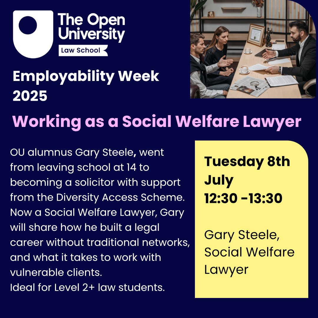 🟢🔵TODAY 12:30 🗣️💻

🎓 A must-attend for Level 2+ OU Law students exploring careers in social justice and legal support.

Details here..👇
ow.ly/nizL50WgAXg

#OpenUniversity #LawCareers #AccessToJustice #SocialWelfareLaw #OUAlumni #LegalAid