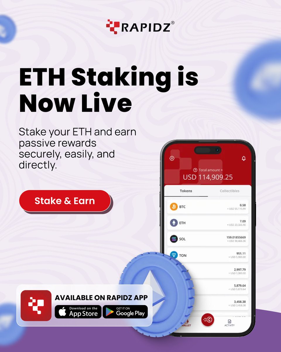 ETH Staking is LIVE! 🎉

🔒Stake Ethereum on Rapidz
💸 Earn passive rewards
🕒 No lock-up—unstake anytime
💼 No setup needed—just tap &amp; stake

Let your crypto work for you! 📲 Try it now on Rapidz!