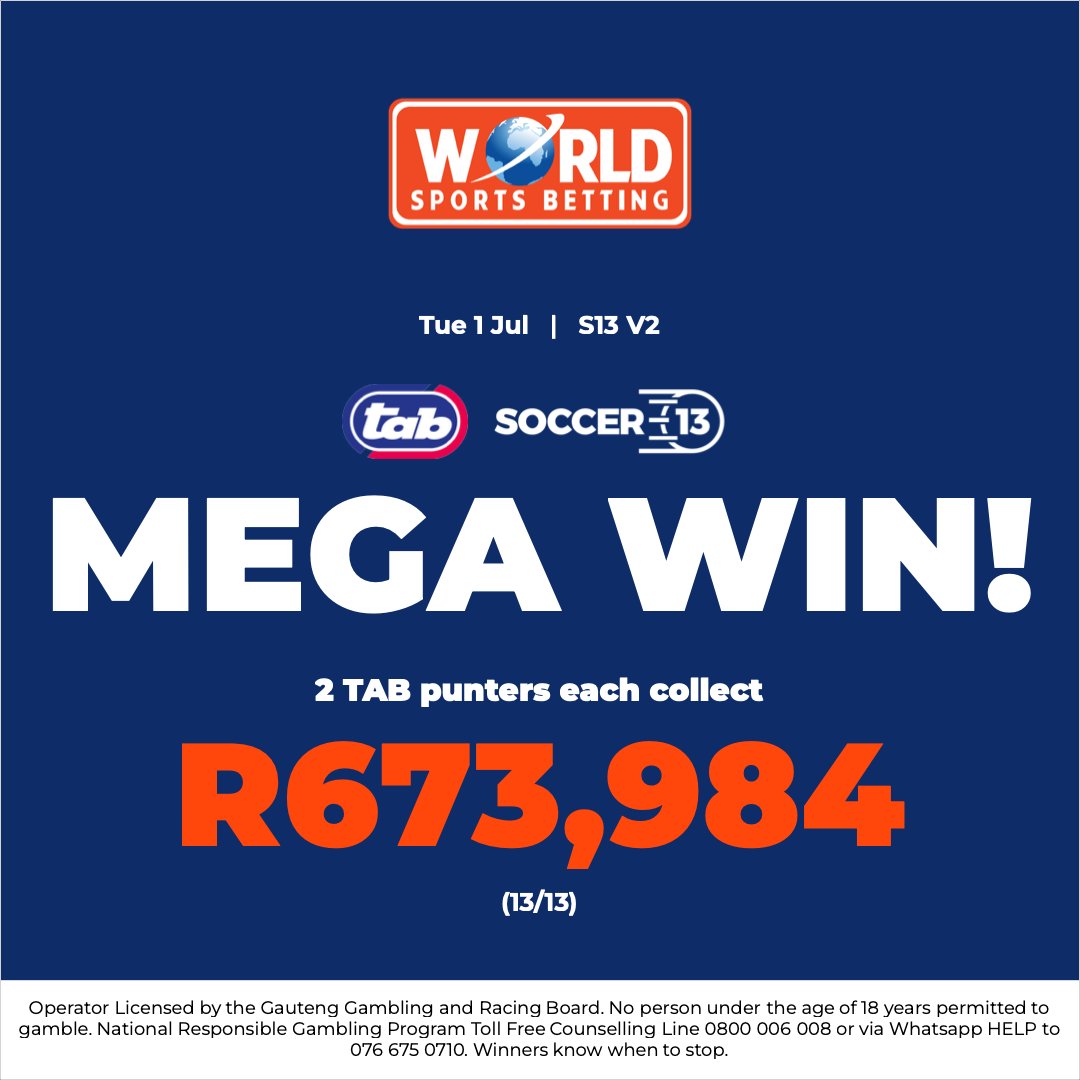 WorldSportsBet's tweet image. 🎉 Congratulations!

Two Soccer 13 players scored BIG last week — R673,984 each! 💰⚽

Think you’ve got what it takes? You could be next! 👇

👉 bit.ly/PlaySoccer13

#Soccer13 #WSB #BigWins #BetWithTheBest #JackpotSeason