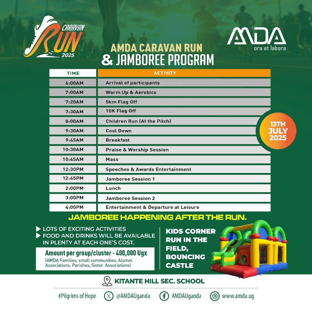 IbascoLeague's tweet photo. πββοΈπ₯ The @AMDAUganda Caravan Run 2025 is on this Sunday, July 13th at Kitante Hill Sec. (near Kabojja P/S)!
π½ Kits go for just 30k β come ready to #RunforLife & celebrate hope!
π£ IBASCO League guys, show up, show out & represent in every KM! πͺπΏ
#AMDACaravanRun2025 https://t.co/PS5aCuVN6y