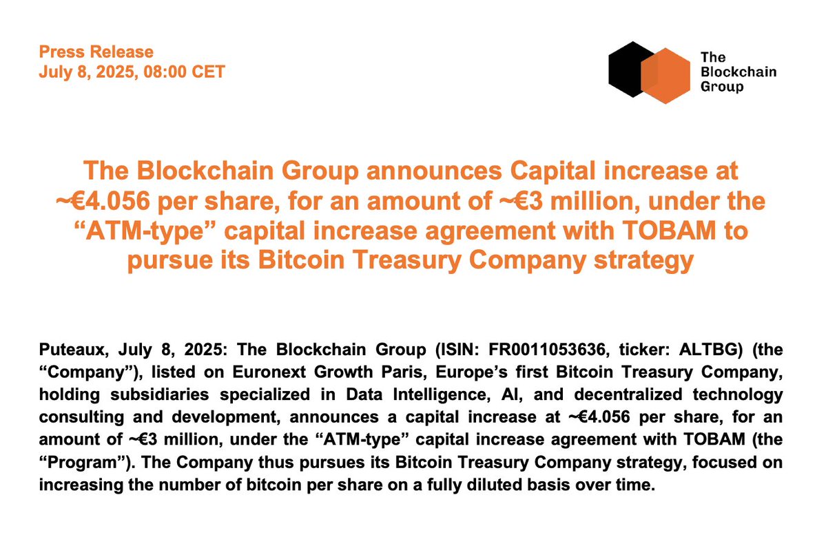 _ALTBG's tweet image. 🟠The Blockchain Group announces Capital increase at ~€4.056 per share, for an amount of ~€3 million, under the “ATM-type” capital increase agreement with TOBAM to pursue its Bitcoin Treasury Company strategy⚡️
Full Press Release (EN): theblockchain-group.com/wp-content/upl…
Full Press…