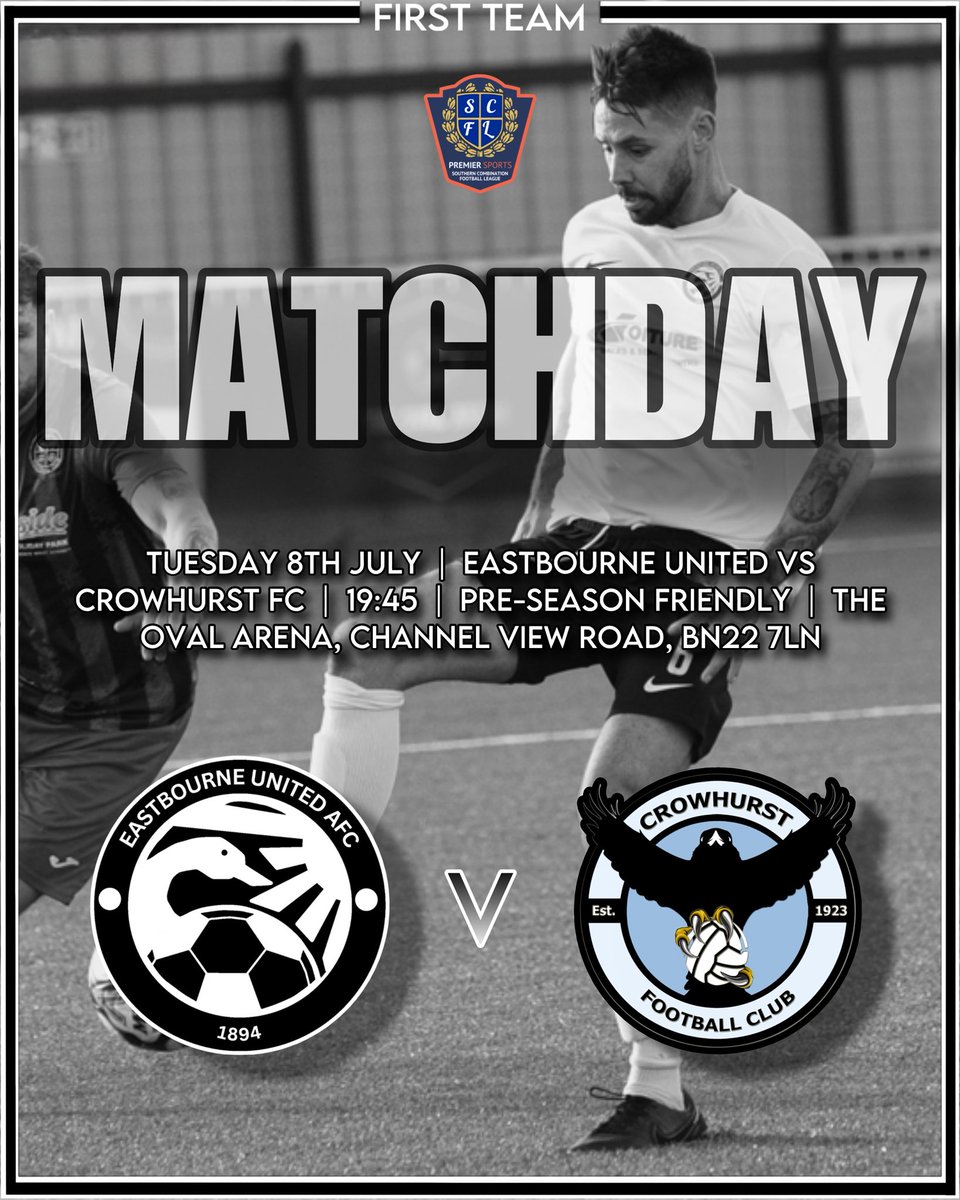 Eastbourne United AFC (@eastbourneuafc) on Twitter photo 𝗠𝗔𝗧𝗖𝗛𝗗𝗔𝗬! ⚫️⚪️
🆚 Crowhurst FC
🏆 Pre-Season Friendly
🗓️ Tuesday 8th July (Today)
⏰ 19:45 Kick-Off
🏟️ The Oval Arena, Channel View Road, BN22 7LN
Back at home. Let’s get pre-season started the right way.
#EUAFC <a href="/TheOvalArena3G/">The Oval Arena 3G - Eastbourne</a> 𝗠𝗔𝗧𝗖𝗛𝗗𝗔𝗬! ⚫️⚪️
🆚 Crowhurst FC
🏆 Pre-Season Friendly
🗓️ Tuesday 8th July (Today)
⏰ 19:45 Kick-Off
🏟️ The Oval Arena, Channel View Road, BN22 7LN
Back at home. Let’s get pre-season started the right way.
#EUAFC <a href="/TheOvalArena3G/">The Oval Arena 3G - Eastbourne</a>