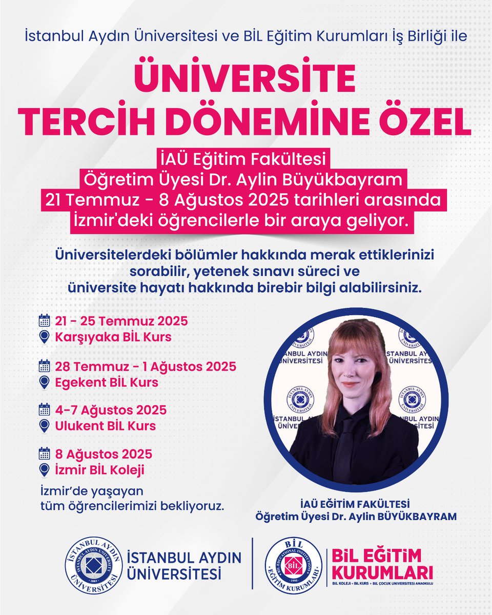BİL Kurs (@bilkurs) on Twitter photo İstanbul Aydın Üniversitesi ve BİL Eğitim Kurumları İş Birliği ile
ÜNİVERSİTE TERCİH DÖNEMİNE ÖZEL <a href="/IAUKampus/">İstanbul Aydın Üniversitesi</a> Eğitim Fakültesi Öğrt. Üyesi Dr. Aylin BÜYÜKBAYRAM İzmir'deki öğrencilerle bir araya geliyor.
🗓 21 Temmuz - 8 Ağustos 2025
İzmir'deki tüm öğrencilerimizi bekliyoruz. İstanbul Aydın Üniversitesi ve BİL Eğitim Kurumları İş Birliği ile
ÜNİVERSİTE TERCİH DÖNEMİNE ÖZEL <a href="/IAUKampus/">İstanbul Aydın Üniversitesi</a> Eğitim Fakültesi Öğrt. Üyesi Dr. Aylin BÜYÜKBAYRAM İzmir'deki öğrencilerle bir araya geliyor.
🗓 21 Temmuz - 8 Ağustos 2025
İzmir'deki tüm öğrencilerimizi bekliyoruz.