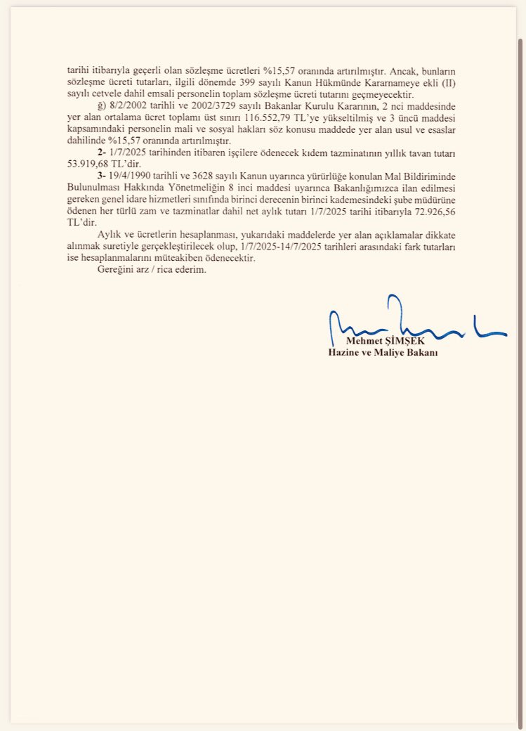 Kıdem Tazminatı Tavan Tutarı Yayımlandı❗️

✅ T.C. Hazine ve Maliye Bakanlığı tarafından yayımlanan Genelgeye göre, 01.07.2025 tarihinden itibaren işçilere ödenecek kıdem tazminatının tavan tutarı 53.919,68 TL olarak belirlenmiştir.