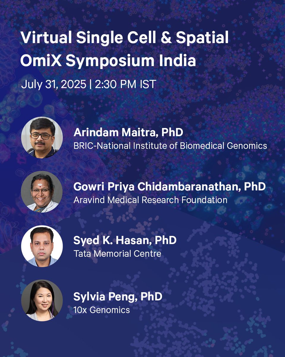 Join us for the Virtual Single Cell &amp; Spatial OmiX Symposium India on July 31! Discover molecular insights, new biomarkers &amp; spatial gene expression. Connect with experts &amp; learn about the latest in #singlecell &amp; #spatialbiology. Register now: 10xgen.com/1Oz