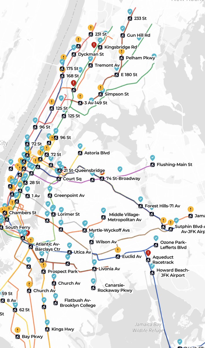 iamjoelchapman's tweet photo. Dear @MTA, you currently have 52 out of 397 elevators out of service. 2:12am ET, 7.7.25

IMAGE DESCRIPTION: a map of elevators in NYC, showing real-time status via blue checkmarks, yellow warning signs, and red exclamation marks.

#transitaccess #liftreport #elevatorreport https://t.co/627okZA6k9