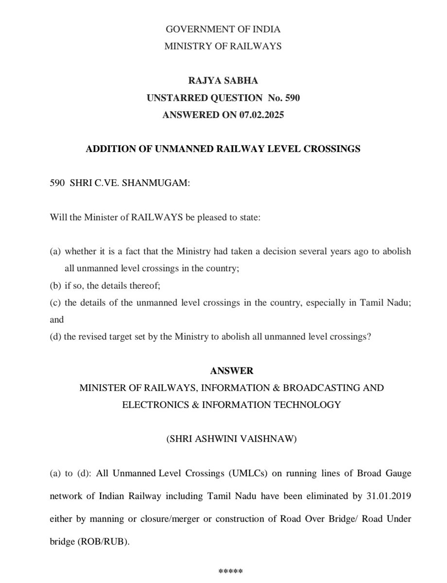 YOGESHWARANVT1's tweet image. Ministry Of Railway :
தமிழ்நாட்டில் ஆளில்லா ரயில்வே கிராசிங் இல்லை!
2019 ஜன 31-லே தமிழ்நாட்டில் உள்ள அனைத்து ஆளில்லா ரயில்வே கிராசிங்களும் மேம்பாலம் / சுரங்க பாலம் மூலம் மூடப்பட்டது என மத்திய ரயில்வே அமைச்சர் கடந்த பிப்ரவரி மாதம் நாடாளுமன்றத்தில் கூறியுள்ளார்
(Source File)