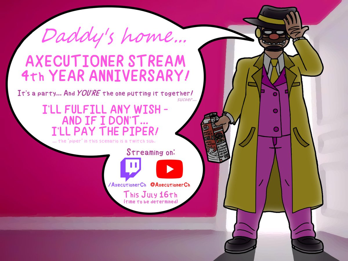 AxecutionerCh's tweet photo. Still care about Axecutioner in 2025?

Guess what! He still cares about you!

This JULY 16th, to celebrate my 4th Year of Streaming (yeah right) with a special event - WISHMAKER - Where I, Axecutioner, will fulfill any wish from viewers!

Follow the link bellow for more info! https://t.co/YTcRbqapUv