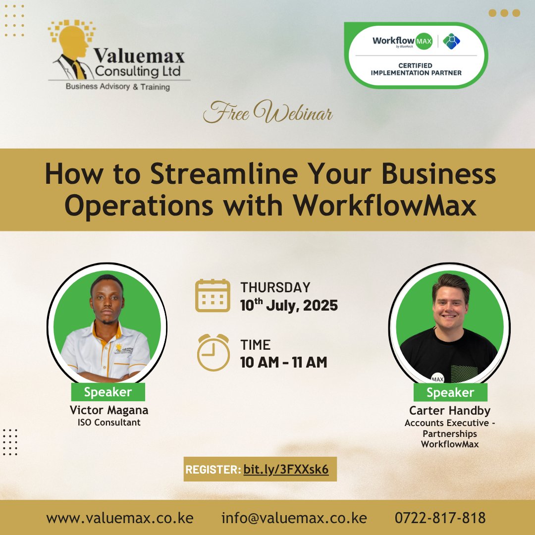 Valuemaxnairobi's tweet image. Join us on Thursday, 10th July 2025, for a practical, value-packed webinar on how to streamline your business operations with WorkflowMax — the powerful all-in-one job management tool.
bit.ly/3FXXsk6
#Valuemax #WorkflowMax #EfficiencyMatters #SMEs #TimeManagement