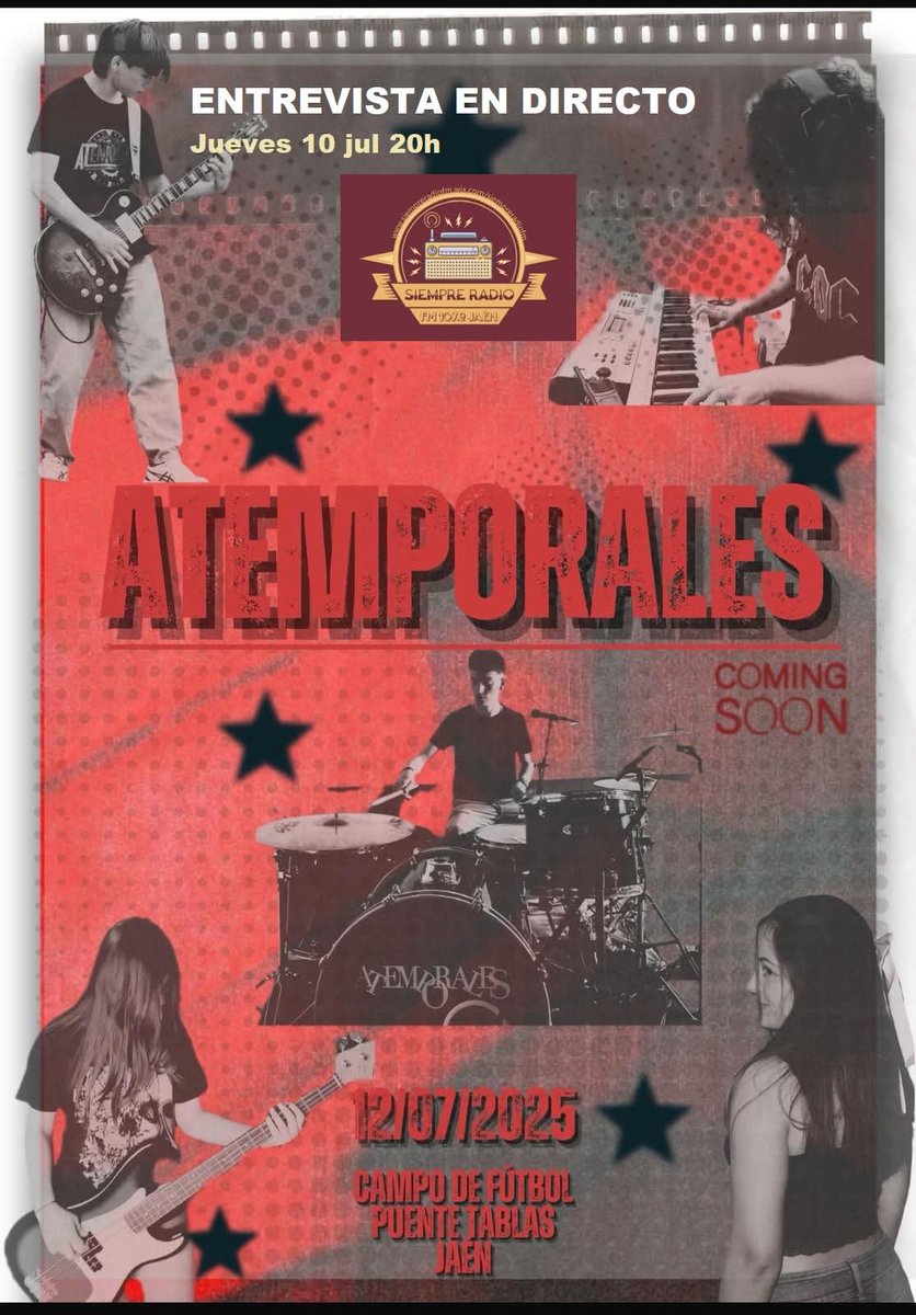 ENTREVISTAMOS EN DIRECTO A LA NUEVA BANDA ATEMPORALES CON MOTIVO DE SU CONCIERTO EN EL CAMPO DE FUTBOL DE PUENTE TABLAS.
JUEVES 10 DE JULIO A LAS 20h.
zeno.fm/radio/siemprer…