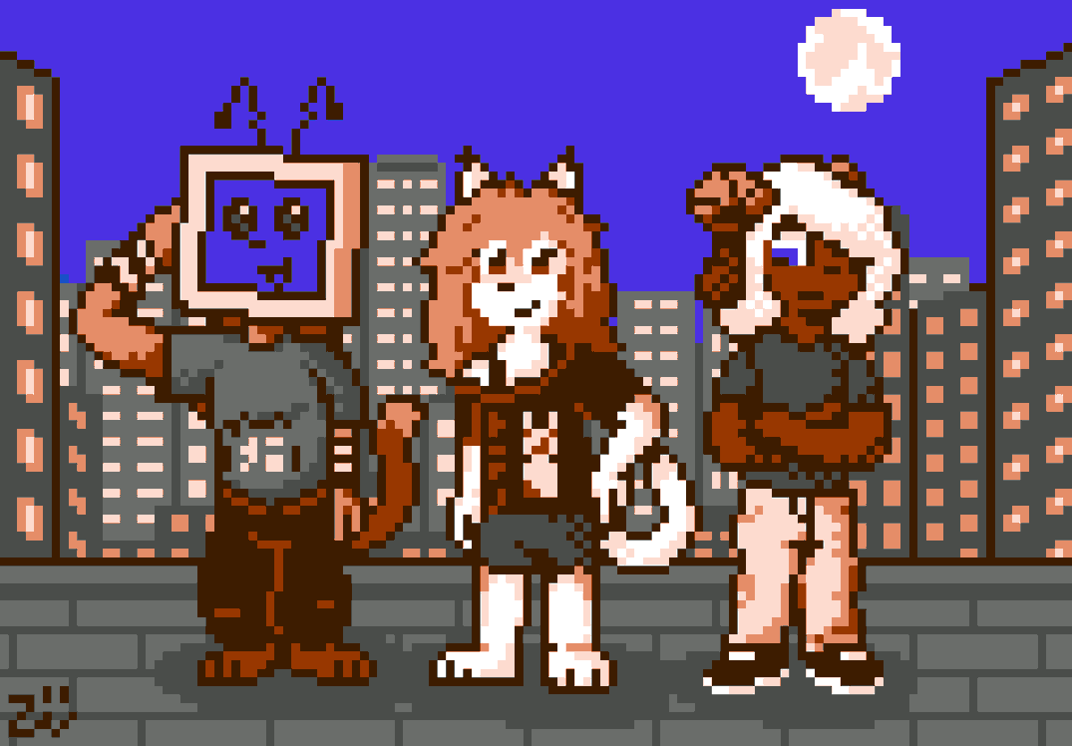 YesterOwl's tweet photo. Art Fight attak for Lukylol featuring their three listed characters. Yeah, I think I'll keep a balance between my two styles of pixel art
Was hoping to submit this yesterday but I kept getting distracted from drawing

#pixelart #furryart #artfight2025 #artfight https://t.co/miYH9zgMGE