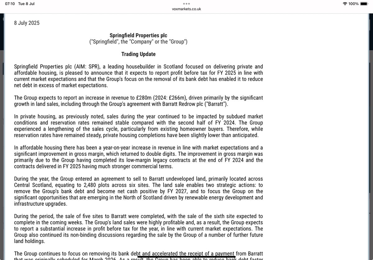 #SPR TU Profit pre tax inline and debt reduction ahead of expectations

Pleasing to see as they shift focus away from the Central belt of Scotland (a competitive housing market) to the North of Scotland where they have a considerable land bank &amp; thus an advantage 
I hold