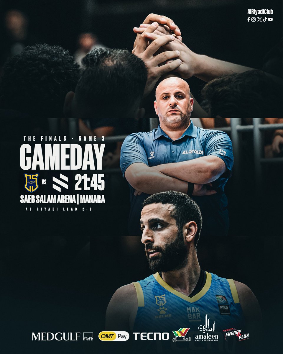 GAME DAY ⛹️ !!!
🏀 Al Riyadi v/s Sagesse
🏆 Lebanese League Finals
📍 Saeb Salam Arena
⏲️ 21:45 🇱🇧
📺 MTV | MTV YouTube