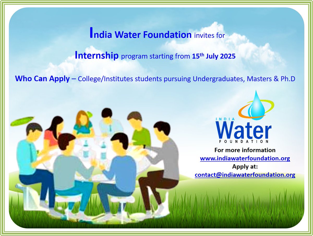 IndiaWaterFoun1's tweet image. Call for internship programme:
#IndiaWaterFoundation announces #InternshipProgramme for young, motivated, passionate and emerging #environmentstreamstudents to hone their skills on the job.......to know more Click here indiawaterfoundation.org/internship-pro…