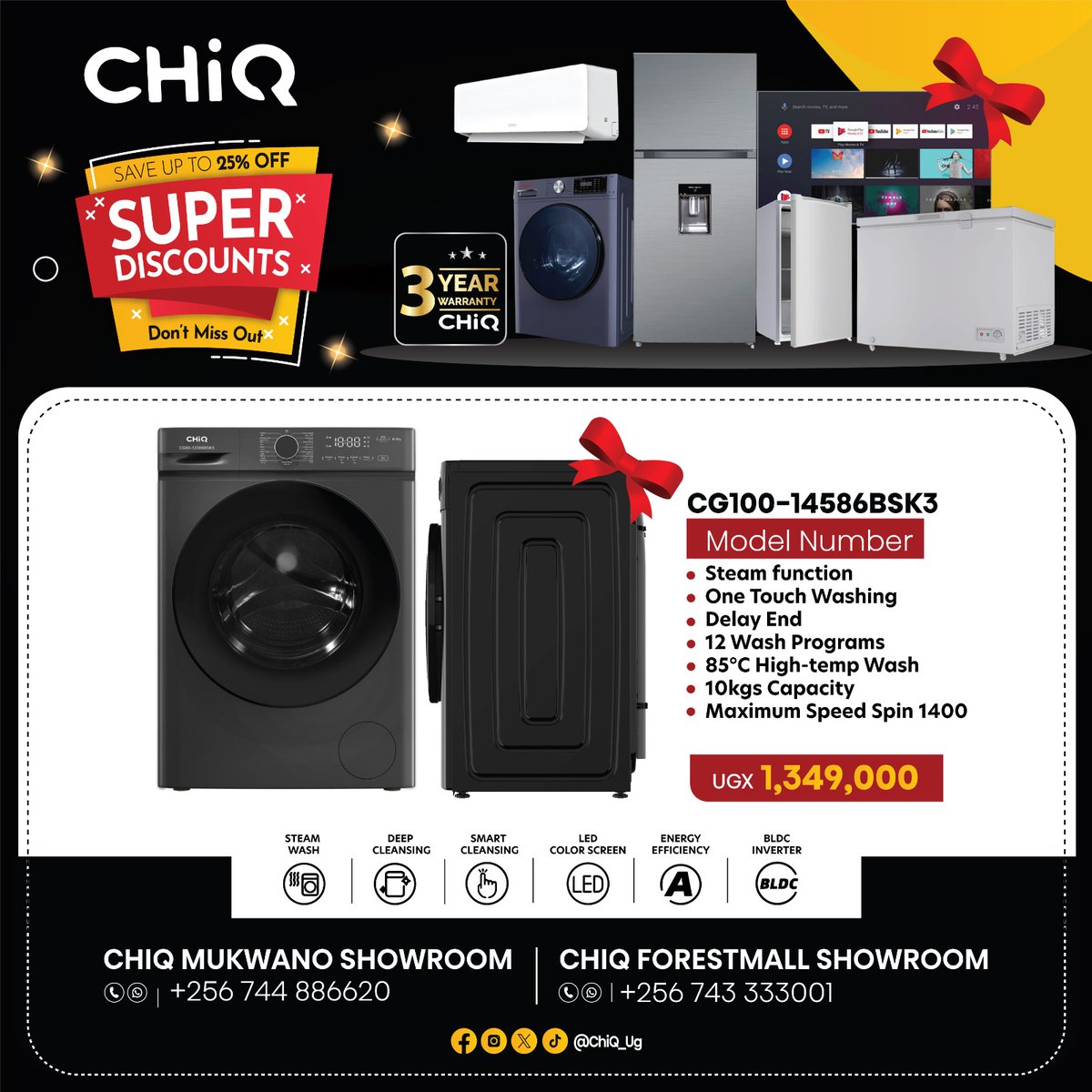 CHiQ_Uganda's tweet image. Upgrade your laundry routine with the ChiQ CG100-14586BSK! This 10kg washing machine boasts steam function, one-touch washing, delay end, and 12 wash programs. Get it now for 1,349,000 UGX! #ChiQ #WashingMachine #Laundry #Sale #Uganda