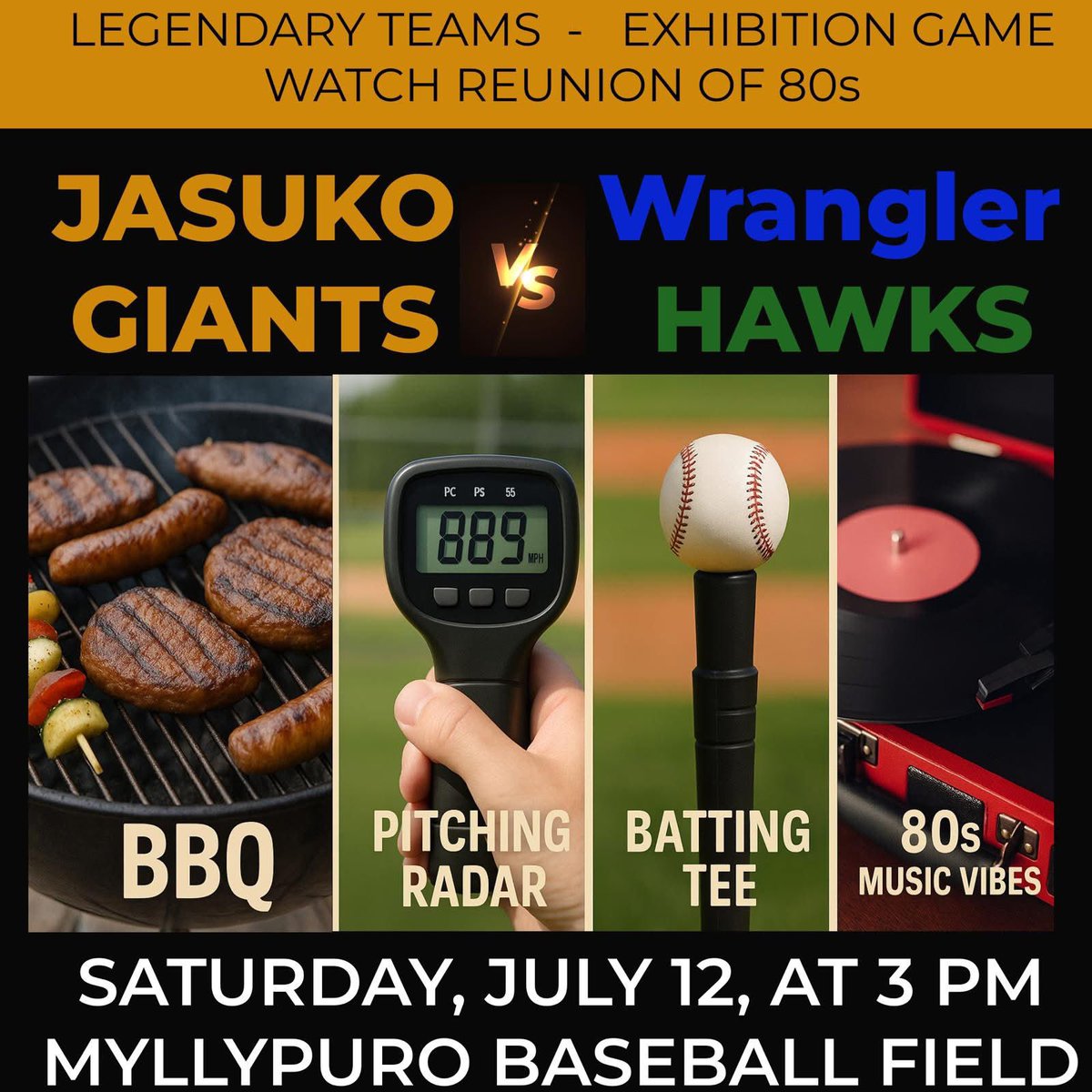 JasukoG's tweet photo. Tule katsomaan baseballia, grillaamaan ja kokeilemaan, miten baseball-syöttö onnistuu!
Suomen @BaseballFinland -liitto sekä @JasukoG järjestävät lauantaina 12.7. juhlaottelun kello 15 alkaen! #Myllypuro ⚾️🏟️
#baseballfi #草野球 https://t.co/g1k7acfCWR