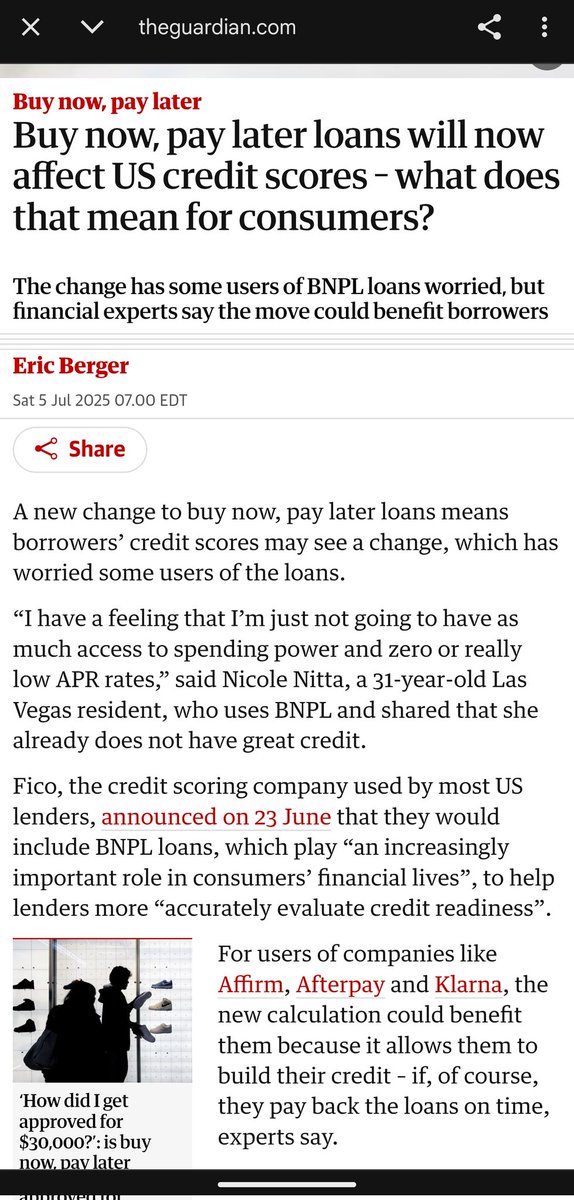 Douglas Pestana (@dougvegas) on Twitter photo <a href="/unusual_whales/">unusual_whales</a> Recent changes to FICO scores penalize late payments way more harshly
Their latest FICO 10 and 10T models are started to get adopted more by lenders.
Reason? BNPL is now being included in the score.
Even if you're just 30-60 days late, expect a 100+ point credit score decline <a href="/unusual_whales/">unusual_whales</a> Recent changes to FICO scores penalize late payments way more harshly
Their latest FICO 10 and 10T models are started to get adopted more by lenders.
Reason? BNPL is now being included in the score.
Even if you're just 30-60 days late, expect a 100+ point credit score decline