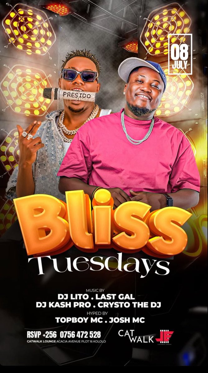 Mushrm (@mushroominc) on Twitter photo Get ready to vibe at Bliss Tuesdays tonight at <a href="/CatwalkKla/">Catwalk Lounge Kampala</a>. The decks will be blazing with <a href="/djlitoug/">Dj Lito Turntable Supreme๐บ๐ฌ</a>, <a href="/CrystoTheDeejay/">The TurnUp King ๐</a>, <a href="/Iamkashpro/">DJ KASH PRO ๐ค๐ฆ
</a>, and The Last Girl dropping electrifying beats. Meanwhile, <a href="/Iamtopboymc/">MIC PRESIDO ๐ช</a> and MC Josh will crank up the energy with their unstoppable hype game! Get ready to vibe at Bliss Tuesdays tonight at <a href="/CatwalkKla/">Catwalk Lounge Kampala</a>. The decks will be blazing with <a href="/djlitoug/">Dj Lito Turntable Supreme๐บ๐ฌ</a>, <a href="/CrystoTheDeejay/">The TurnUp King ๐</a>, <a href="/Iamkashpro/">DJ KASH PRO ๐ค๐ฆ
</a>, and The Last Girl dropping electrifying beats. Meanwhile, <a href="/Iamtopboymc/">MIC PRESIDO ๐ช</a> and MC Josh will crank up the energy with their unstoppable hype game!