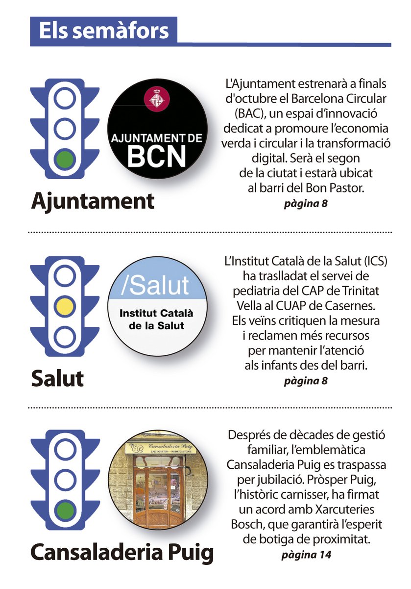 🚦 Dos verds i un ambre als semàfors del #LíniaSantAndreu

🟢 Per a l'Ajuntament i l'estrena de Barcelona Circular  al Bon Pastor
🟠 Per a l'ICS, pel trasllat de pediatria del CAP de Trinitat Vella
🟢 Per a l'emblemàtica Cansaladeria Puig, que es traspassa per jubilació