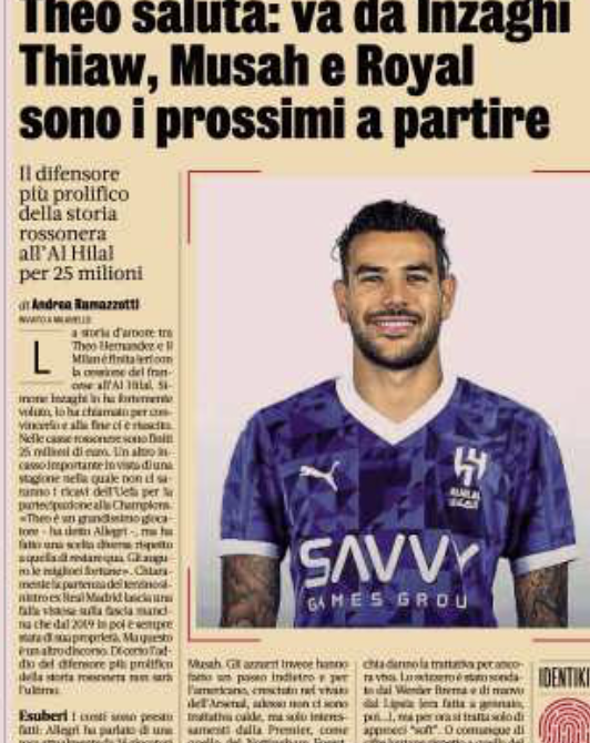 Guillaumemp's tweet image. Gazzetta : L'histoire est terminée entre Milan et Théo #Hernandez. L'international français va signer à Al-Hilal pour 25M. Thiaw, Musah, Royal, Bennacer, Vazquez et Adli devraient également partir 🔜