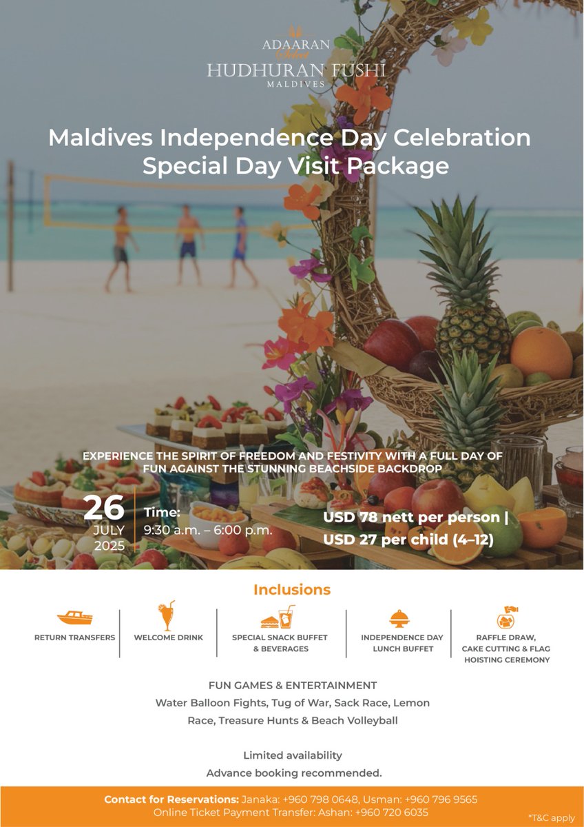 Celebrate Maldives Independence Day in true island style!

Join us at Adaaran Select Hudhuran Fushi on 26th July for a day of beachside fun, games, and festive vibes—all set against the stunning backdrop of the Indian Ocean.

Limited spots available – book early to avoid missing