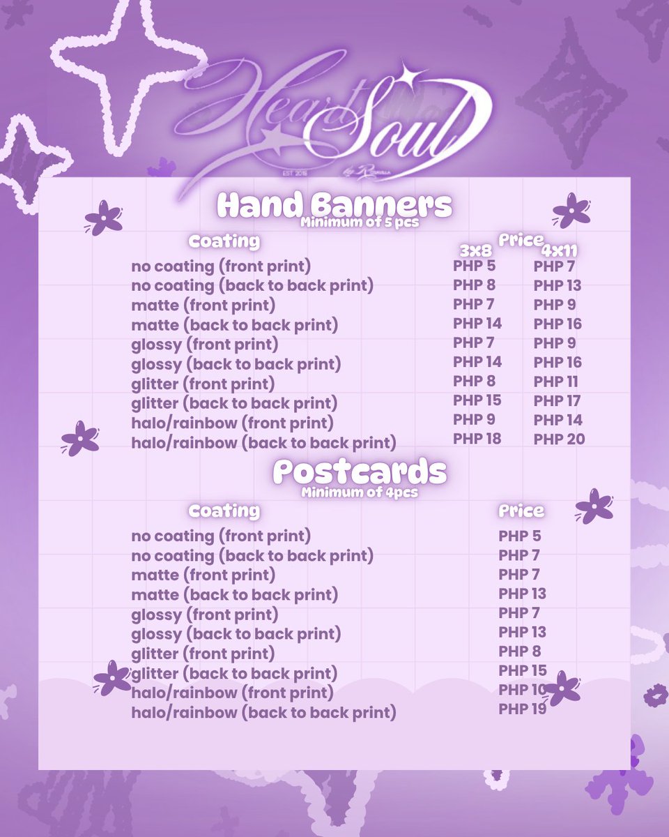 heartsoulprints's tweet photo. affordable printing services ph ?

this is our updated pricelist 

we offer different kind and products from our shop such as photocards, polaroids, photostrip, magnets, t-shirts, hand banners, postcards for your fanmeet, conncert, birthday and any kind of event !!

dm to avail. https://t.co/5eT3LimW7R