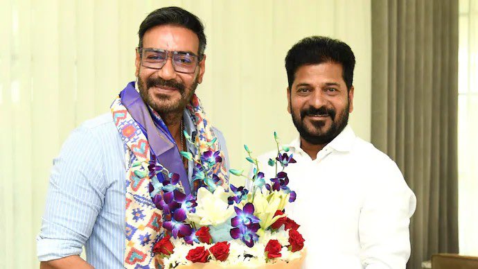 Actor #AjayDevgn met Telangana Chief Minister #RevanthReddy in New Delhi.

They discussed the possibility of a world-class film studio in Telangana.

Devgn expressed his willingness to contribute towards the Rising Telangana initiative.