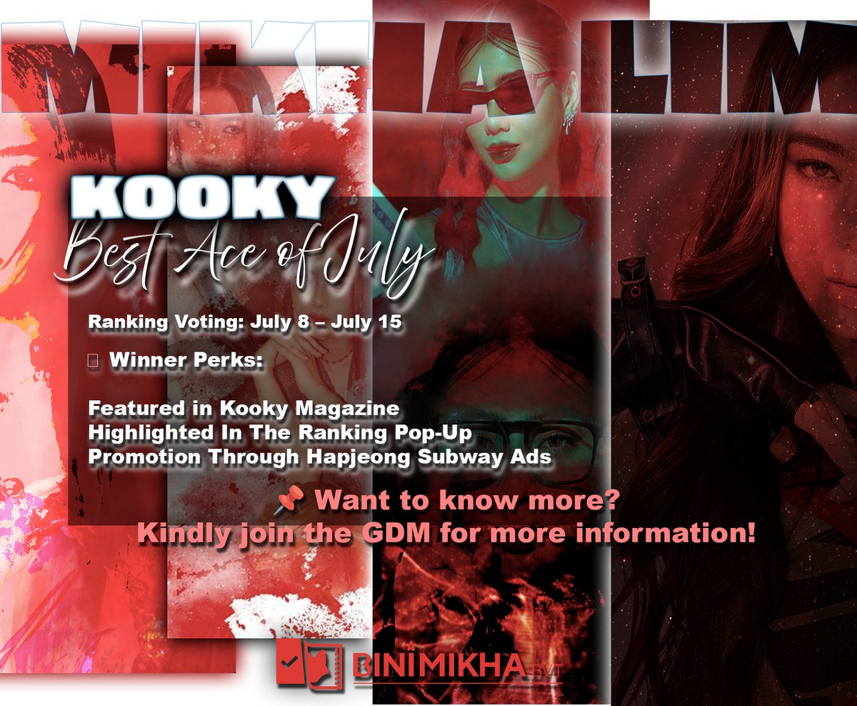 📢 Let's get Mikha Lim the Best ACE of July award!
 
Good dayy, Mikhalites and Blooms! #BINI_Mikha is nominated on Kooky! This will be a great All Star Games gift for Captain Mikha Lim. 

Don't know how to vote on Kooky? We'll guide you! Join our GDM for instructions and let's