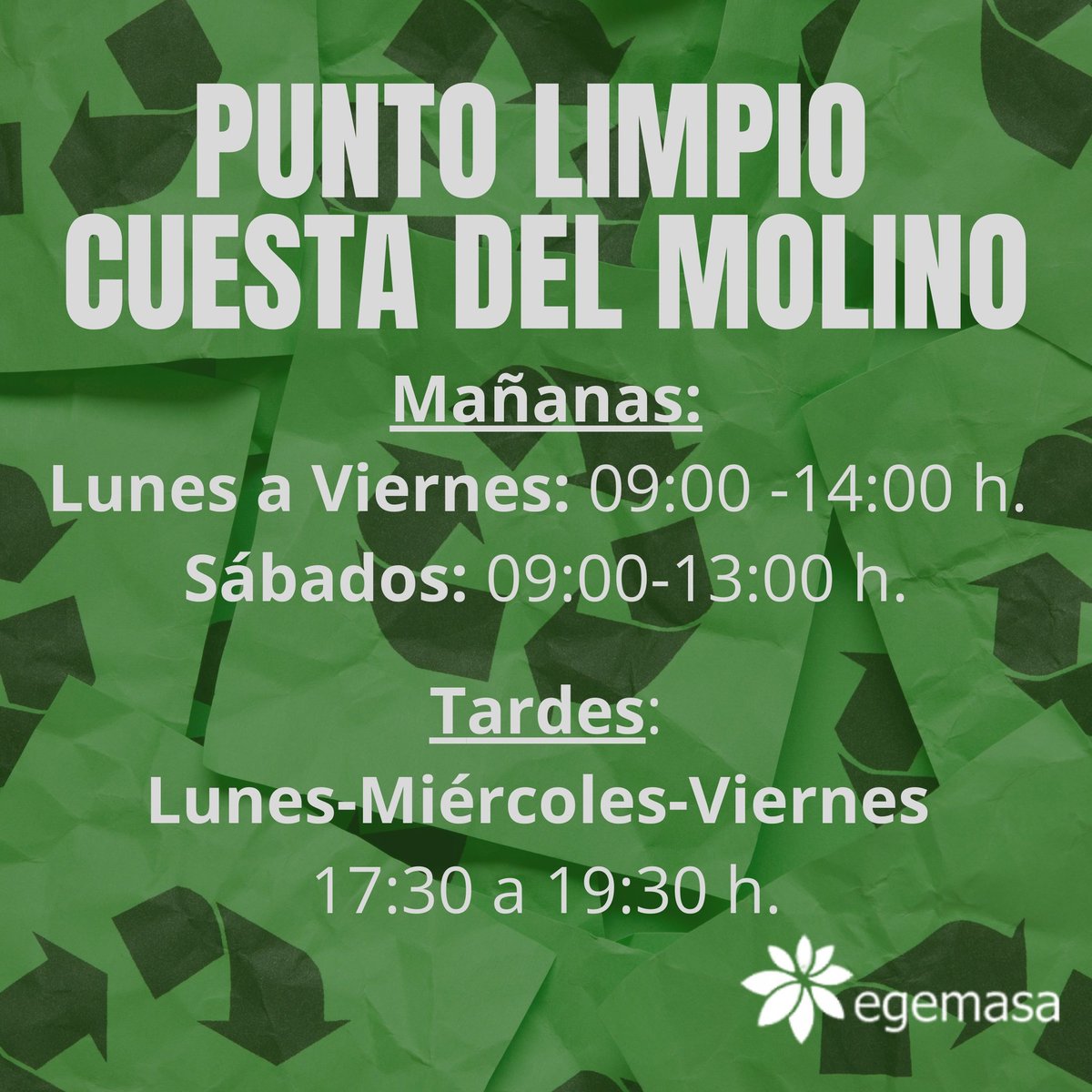 #BuenosDías os recordamos los horarios del punto limpio de Cuesta del Molino donde puedes dejar tus residuos especiales o voluminosos que no deben ser depositados en los contenedores urbanos, como escombros, muebles, electrodomésticos, pilas, etc...
♻️