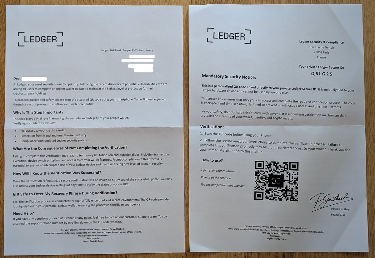 djangobits's tweet image. Thanks again @Ledger for fucking up our customer data, so scammers don&apos;t stop sending us snail mail letters and such. 

PS. Don&apos;t visit that page on the QR code unless you know what you are doing.

#ledger #Q6LG25 #ledgerhack