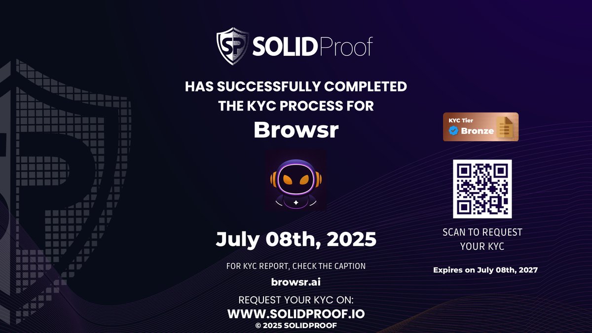 We have finished the KYC process for <a href="/BrowsrAi/">Browsr Ai</a>🛡️
Well deserved KYC Bronze Tier!

Check the security score here: app.solidproof.io/projects/browsr

Need a Smart contract audit, KYC or development support? Send us a message, our sales team will gladly make a customized offer for you!