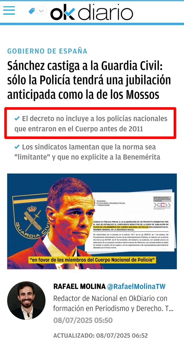 NatanEspinosa2's tweet image. Solo una parte de las FCSE tendrán una jubilación anticipada como la de los Mossos
La norma regula expresamente la jubilación en favor de los P.Nacionales que entraron en el cuerpo a partir de 2011, sin incluir a los de Clases Pasivas ni a la Benemérita
👇
okdiario.com/espana/sanchez…