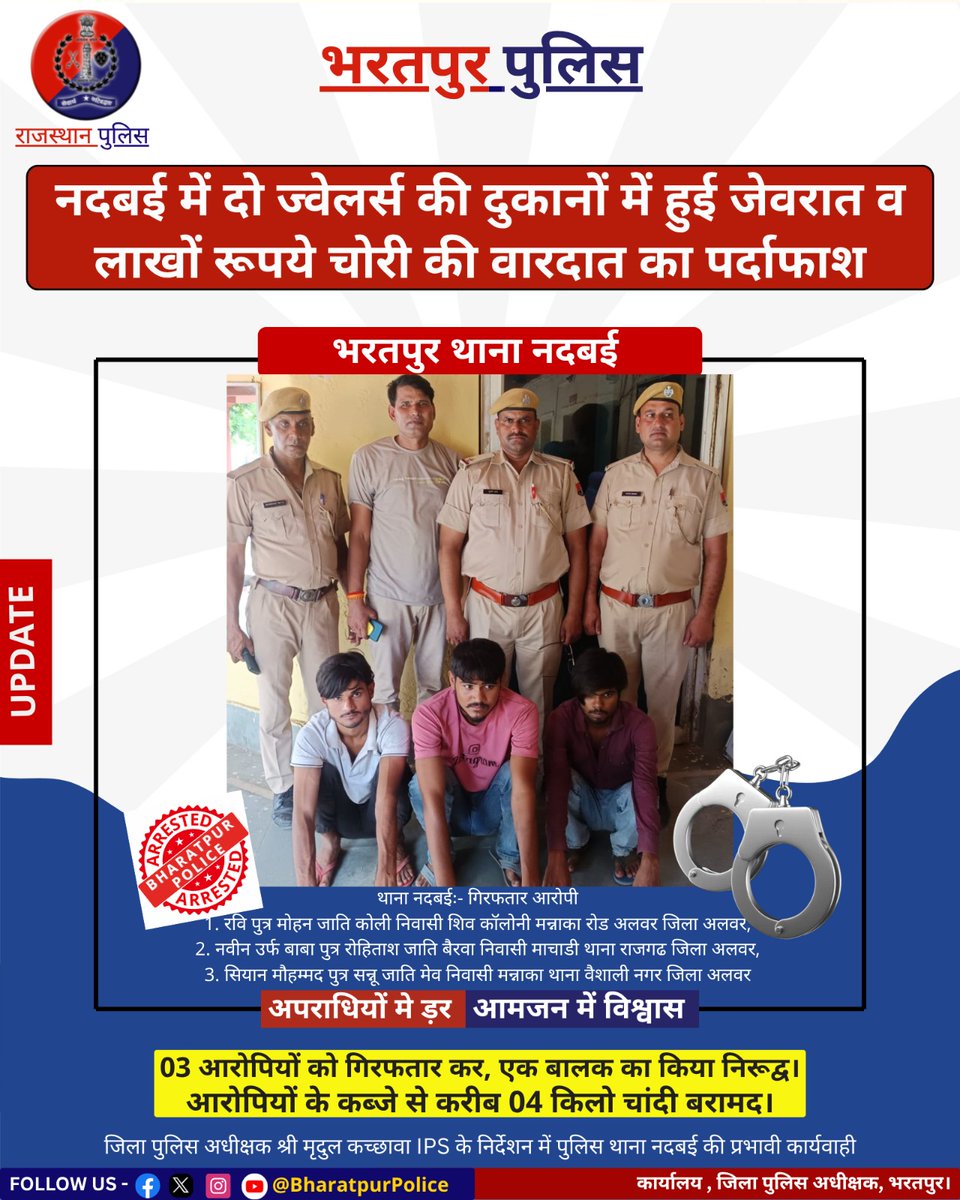 जिला पुलिस अधीक्षक श्री <a href="/ips_mridul/">Mridul Kachawa IPS</a> के निर्देशन में-
पुलिस थाना #नदबई की प्रभावी कार्यवाही 

➡️#नदबई में ज्वेलर्स की दुकानों में हुई जेवरात चोरी वारदात का पर्दाफाश, 
➡️03 आरोपियों को गिरफ्तार कर, एक बालक को किया निरुद्ध 

<a href="/RajCMO/">CMO Rajasthan</a> <a href="/BhajanlalBjp/">Bhajanlal Sharma</a> 
<a href="/RajGovOfficial/">Government of Rajasthan</a> <a href="/PoliceRajasthan/">Rajasthan Police</a>