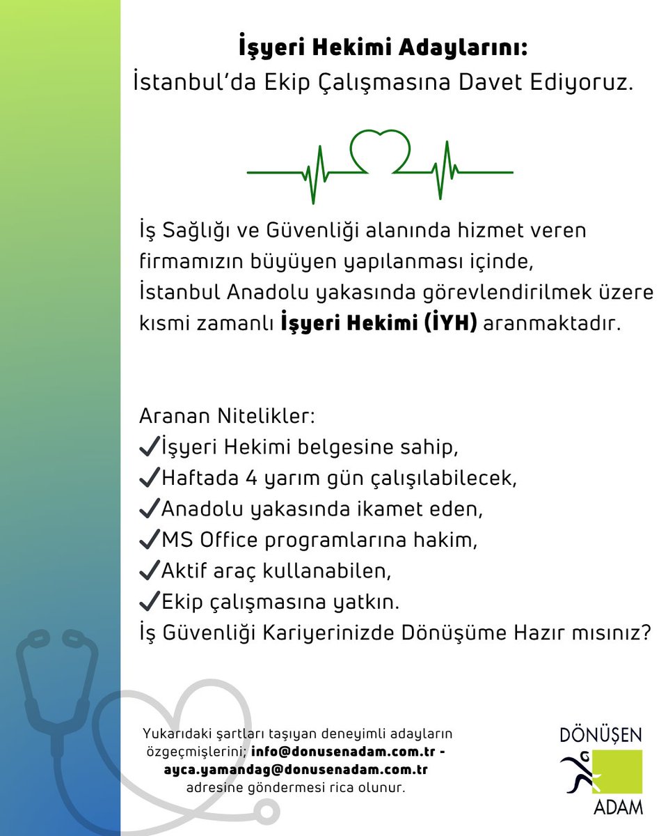İş Sağlığı ve Güvenliği alanında hizmet veren 
firmamızın büyüyen yapılanması içinde,
İstanbul Anadolu yakasında görevlendirilmek üzere kısmi zamanlı İş yeri hekimliği (İYH) aranmaktadır.