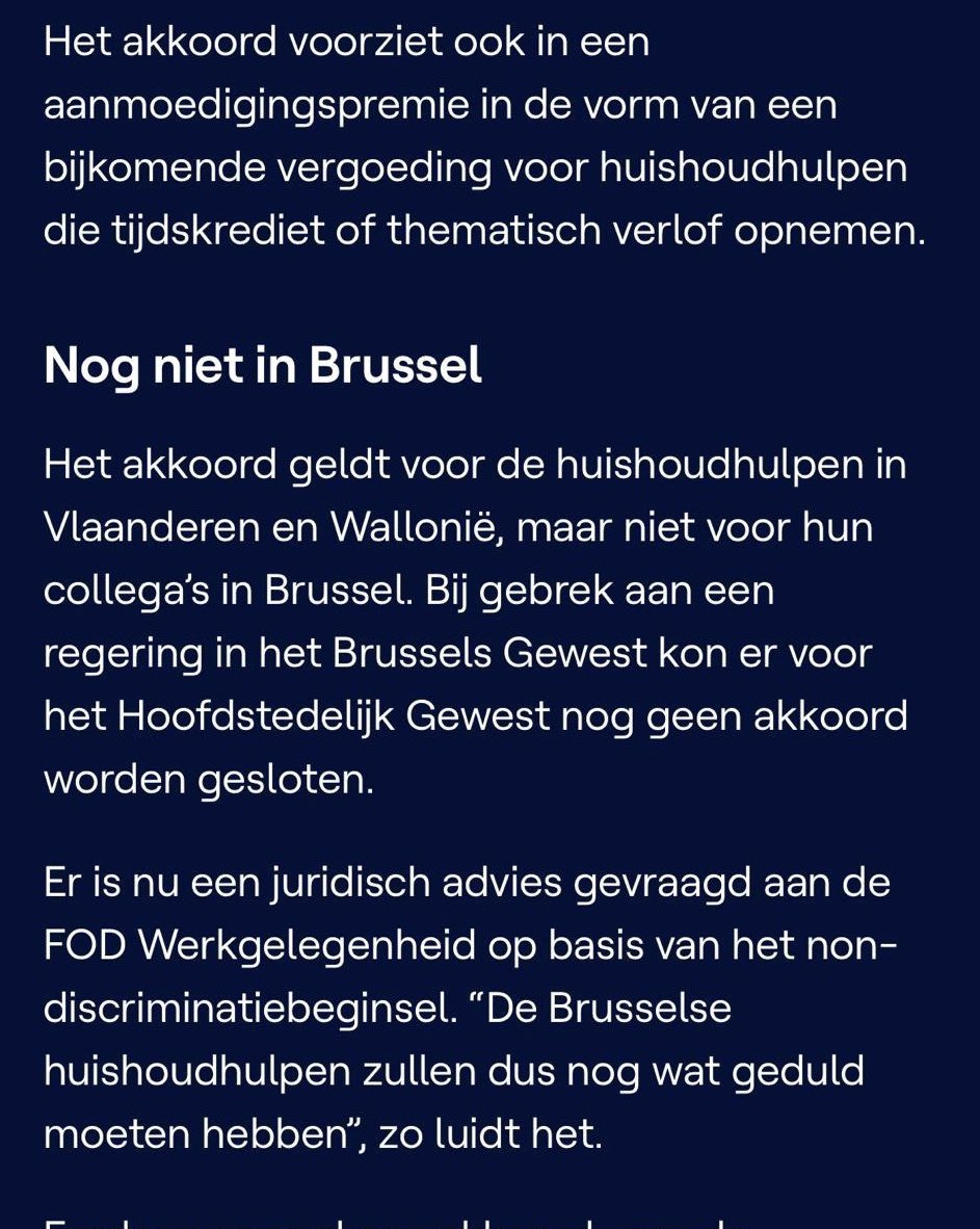 Onbegrijpelijk dat Brussel achterblijft. Cynisch politiek spel op de kap van mensen die elke dag onmisbaar werk doen. Hoog tijd om de Vlaamse meerderheid in Brussel te respecteren en te onderhandelen. <a href="/AhmedLaaouej/">Ahmed Laaouej</a> stop uw belachelijk veto. tinyurl.com/cz6fjn62