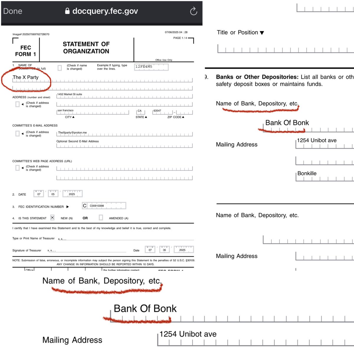 emblemxbt's tweet photo. Why is there an official filing on behalf of “The X Party” (which seems to reference Elon’s new and recently announced political party) with the FEC that also includes references to a “Bank of Bonk”??? 

Found this document on an official government website(linked below)

Has a bank listed under the title “Bank of Bonk” with a mailing address and all