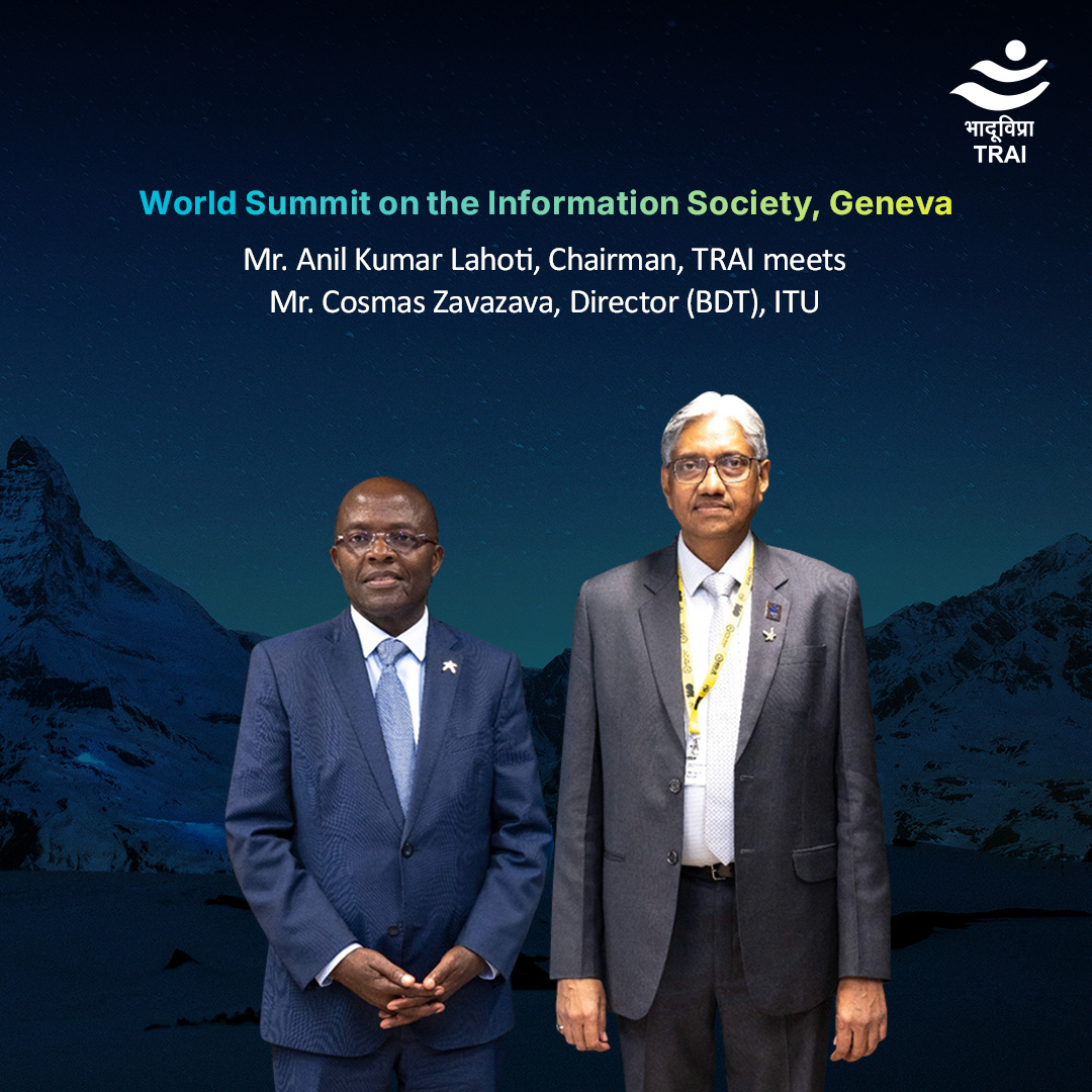 Mr. Anil Kumar Lahoti, Chairman, #TRAI, met Mr. Cosmas Zavazava, Director (BDT), ITU, during WSIS+20.
Their conversation focused on advancing inclusive digital governance and exploring global cooperation in telecom development.
#Digitaldevelopment