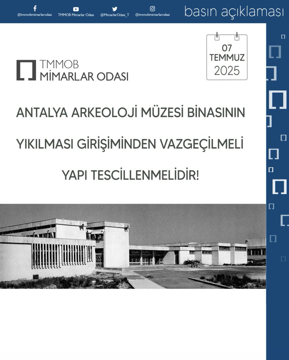 mimarist_org's tweet image. Mimar Metin Hepgüler, Mimar Doğan Tekeli ve Mimar Sami Sisa tarafından tasarlanan Antalya Arkeoloji Müzesi, 1964 yılında ulusal yarışma ile seçilen bir proje sonucu inşa edilmiş, Türkiye’nin ilk yarışma projesiyle yapılan müze binasıdır. Yapının özgün tasarımı sadece ulusal değil…