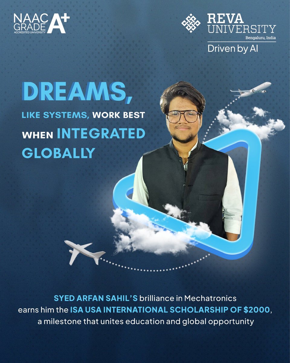 REVA University proudly celebrates Syed Arfan Sahil from Mechatronics for earning the prestigious ISA USA International Scholarship of $2000.
His achievement is a testament to how REVA’s global outlook and academic excellence open doors across borders.

#REVAUniversity