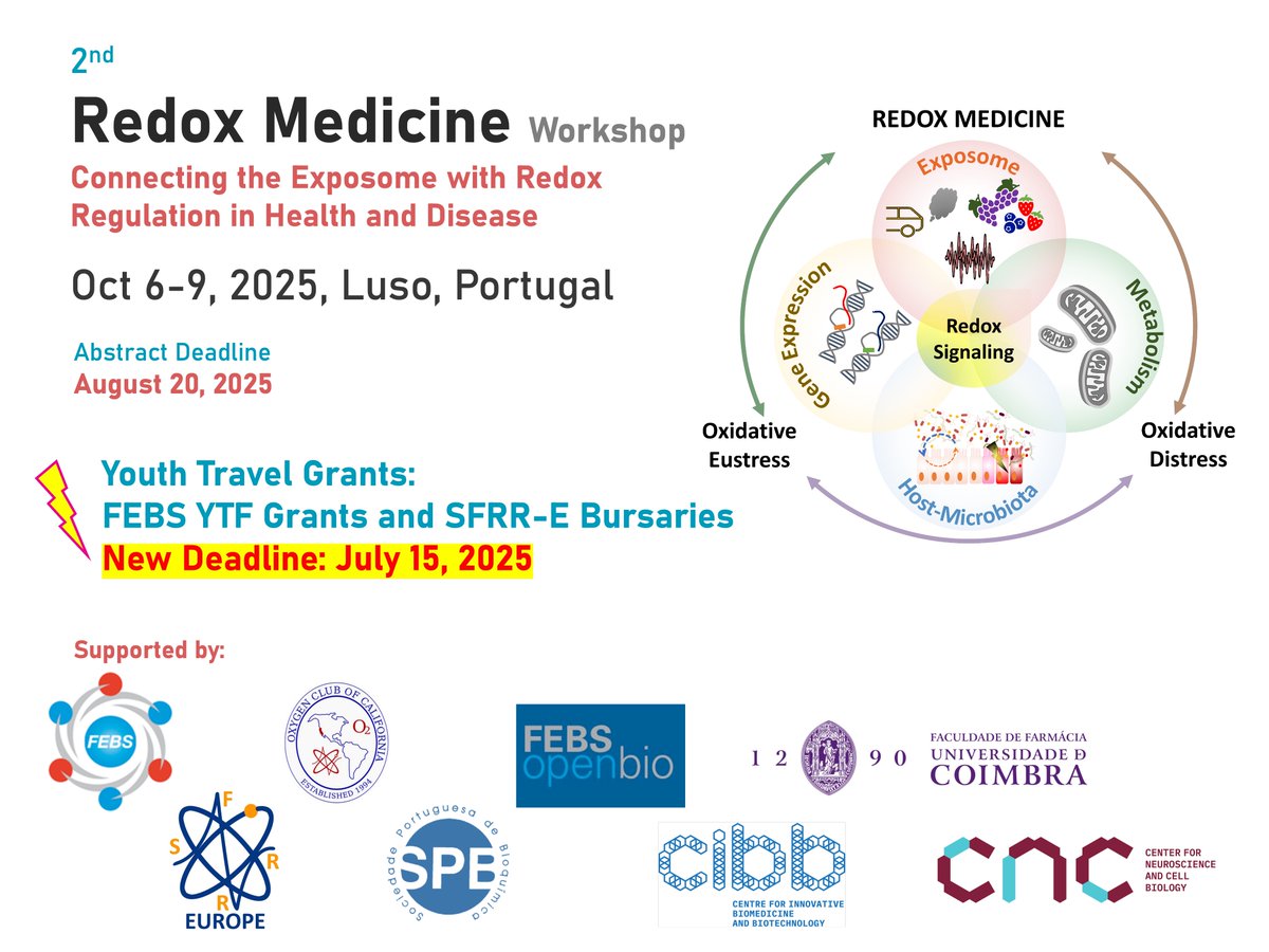 anamledo's tweet image. 2nd Redox Medicine Workshop - Oct. 6-9, 2025, Luso, Portugal.
New Deadline for Youth Travel Grant Applications for FEBS and SFRR-E PhD and Post-Doc Members: July 14.
Don't miss this opportunity to showcase your research and network with great speakers.
@SFRR_Europe @FEBSnews