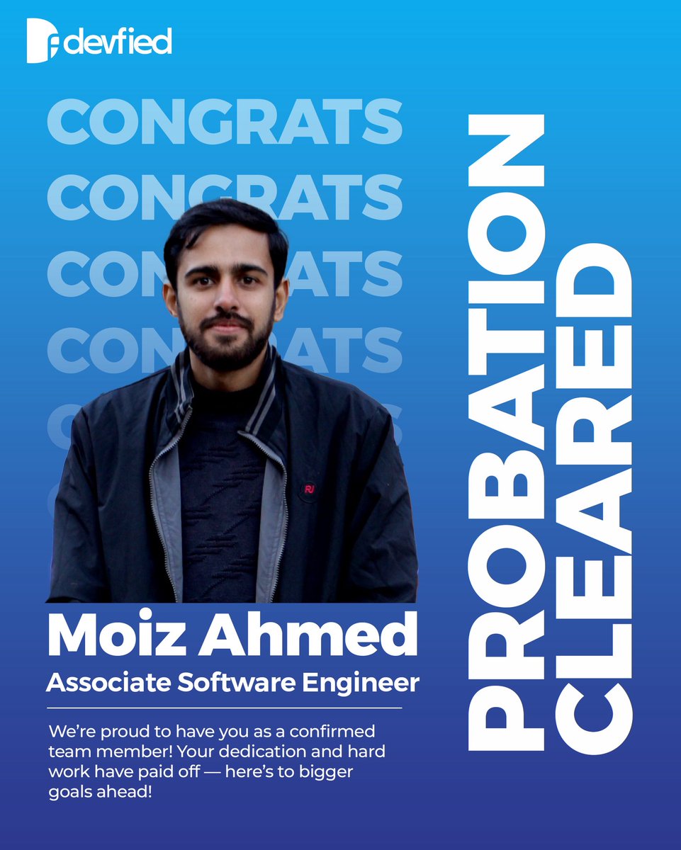 devfiedofficial's tweet photo. 🎉𝗕𝗶𝗴 𝗖𝗵𝗲𝗲𝗿𝘀 &amp; 𝗘𝘃𝗲𝗻 𝗕𝗶𝗴𝗴𝗲𝗿 𝗠𝗶𝗹𝗲𝘀𝘁𝗼𝗻𝗲𝘀! 🎉

We're thrilled to announce that Hamid Naseer , Assad Ullah, and Moiz Ahmed have successfully completed their probation period and are now officially permanent members of the Devfied family! 

#TeamDevfied https://t.co/NdejWrRkEN