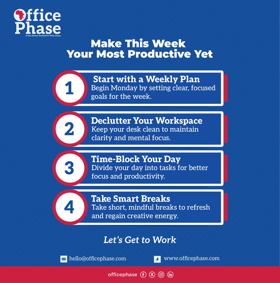 officephase's tweet photo. No more messy desks. No more chaotic Mondays.
This week? You’re in charge. 💪🏾
✅ Plan it
🧹 Clean it
🧠 Time it
☕ Break it

Your productivity era starts now.
#OfficePhase #WorkGoals #DoTheMost #WorkspaceEnergy https://t.co/RhkPWI9A2d