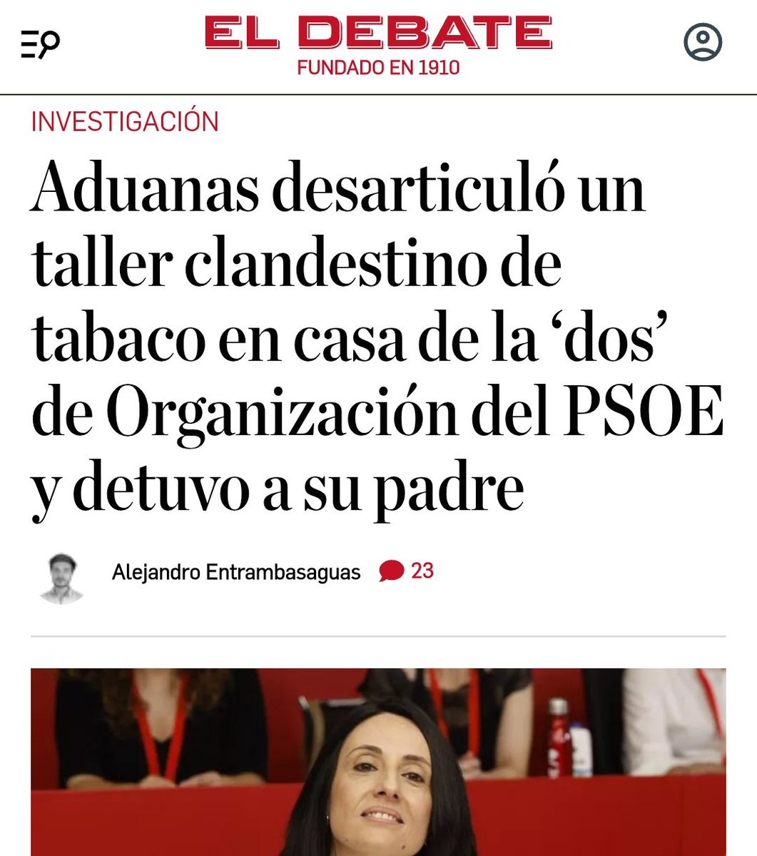 Son sus costumbres...
Os presento a Anabel Mateos. Ha sido nombrada adjunta a la secretaría de organización del <a href="/PSOE/">PSOE</a> por Pedro Sánchez.

En enero de este año la Agencia Tributaria detuvo a su padre por tener un taller clandestino de fabricación de tabaco en su casa.

No queda